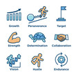 Persistence icon set with image of extreme motivation and drive set on persevering