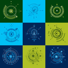 Fototapete - Mechanical schemes. Set of vector engineering drawings with circles and geometric parts of mechanism. Technical plan can be used in web design and as wallpaper.