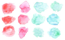 Watercolor Washout Blot In Pink And Blue Color. Watercolour Blots Isolated On White Background. Color And Water Gradient