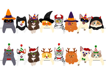 Wall Mural - cute kitties border set with Halloween costumes and with Christmas costumes