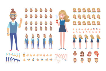 Front, side, back, 3/4 view animated characters. Young people creation set with various views, hairstyles and gestures. Cartoon style, flat vector illustration.