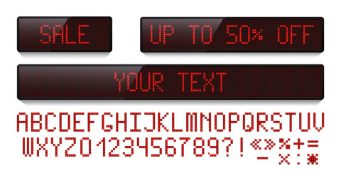Poster - Red LED dot display set and LED digital font isolated on white background. Vector design elements.