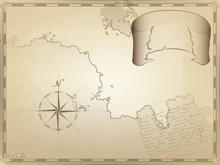 Wall Mural - old nautical chart on yellowed paper. a twisted ribbon for your text. the image of the compass and unreadable notes by hand