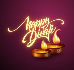 Happy Diwali festival of lights. Retro oil lamp on background night sky. Calligraphy hand lettering text. Vector illustration