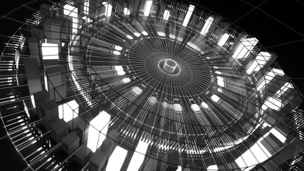 Poster - 3d asbtract technology background. Circular structure with bright elements and lines. Centered composition...