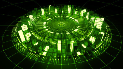 Poster - 3d asbtract technology background. Circular structure with bright elements and lines. Centered composition...