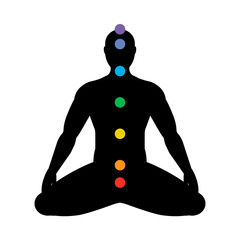 Wall Mural - silhouette of a man in lotus position with seven colored sacred dots. vector illustration.