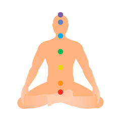Wall Mural - silhouette of a man in lotus position with seven colored sacred dots. vector illustration.