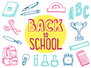 Wall Mural - Back to school doodle elements. Lettering and school supplies collection. Sketch icon set. Vector illustration.