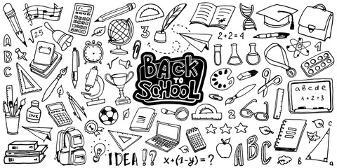 Wall Mural - Back to School with hand drawn school supplies - big set. Doodle lettering and school object collection. Sketch icon. Kids style ink background. Education Concept. Vector illustration.