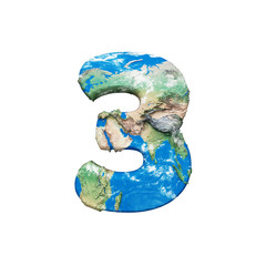 Fototapete - World earth globe alphabet number 3. Global worldwide font with NASA map. 3D render isolated on white background.
