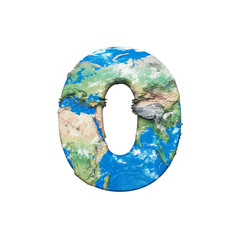 Fototapete - World earth globe alphabet number 0. Global worldwide font with NASA map. 3D render isolated on white background.