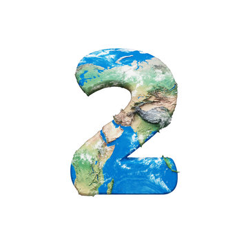World earth globe alphabet number 2. Global worldwide font with NASA map. 3D render isolated on white background.