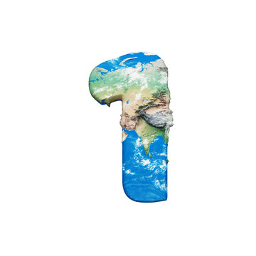 World earth globe alphabet number 1. Global worldwide font with NASA map. 3D render isolated on white background.
