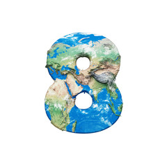 Aufkleber - World earth globe alphabet number 8. Global worldwide font with NASA map. 3D render isolated on white background.