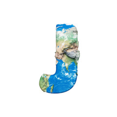 Fototapete - World earth globe alphabet letter J uppercase. Global worldwide font with NASA map. 3D render isolated on white background.