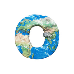 Fototapete - World earth globe alphabet letter O uppercase. Global worldwide font with NASA map. 3D render isolated on white background.