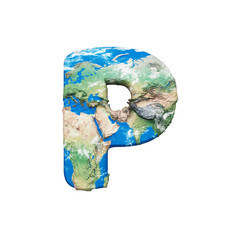 Fototapete - World earth globe alphabet letter P uppercase. Global worldwide font with NASA map. 3D render isolated on white background.