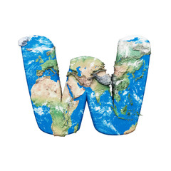 Fototapete - World earth globe alphabet letter W uppercase. Global worldwide font with NASA map. 3D render isolated on white background.