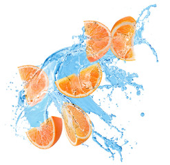 Wall Mural - orange slices in water splash isolated on a white background