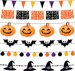 Wall Mural - set of halloween or dia de los muertos, day of the dea garlands with lights, bunting flags, pumpkins