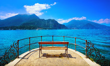 Bench On Lakefront In Como Lake Landscape. Bellagio Italy