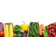 Assortment of fresh vegetables on white background, top view. Space for text