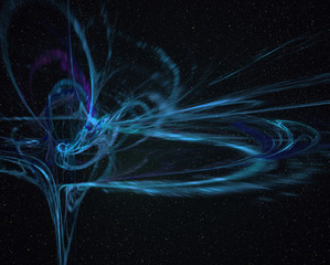 Poster - Abstrct Digital Artwork. The theme of the cosmos and the universe. Beautiful fantastic nebula with plasma filaments on a dark background of starry space. Technologies of fractal graphics.