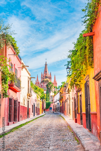 Beautiful streets and colorful facades of San Miguel de Allende in Guanajuato...