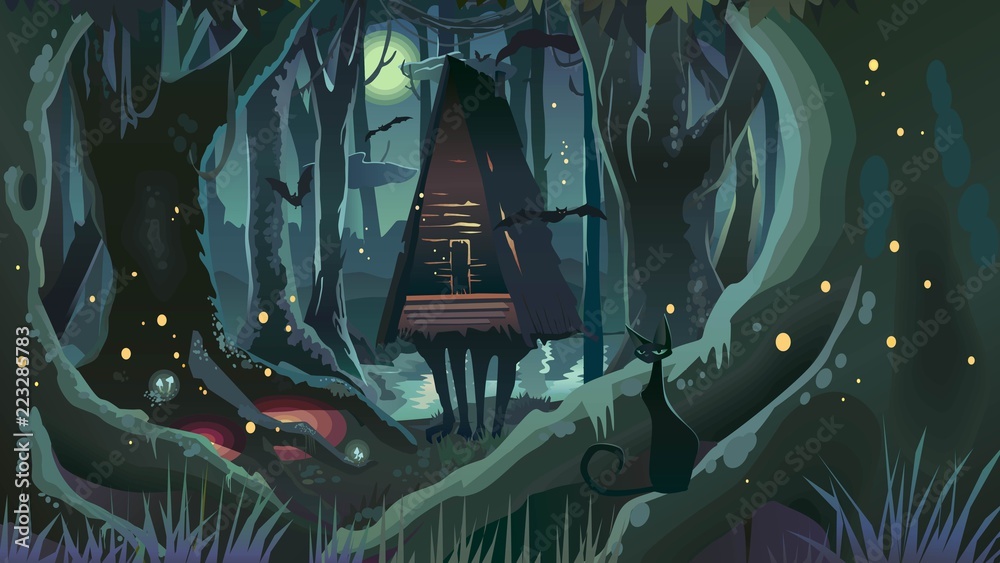 Fantasy Halloween Forest Illustration Dark Night Witch Trees Stock ...