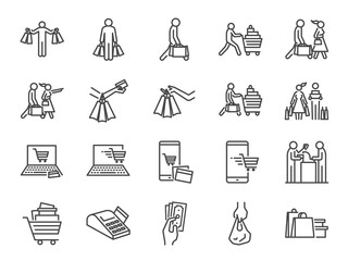 Shopping icon set. Included icons as buy, shopaholic, handful bags, cart, shop and more.
