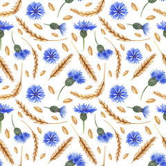  Watercolor seamless pattern with ears of wheat and cornflowers. Autumnal test for the harvest festival, wallpaper, packing, scrapbooking.