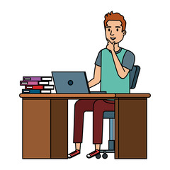 Sticker - young man at desk with laptop and books