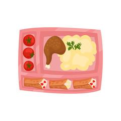 Poster - Pink lunch box with fresh tomatoes, mashed potatoes with chicken leg and pancakes with cottage cheese. Flat vector icon