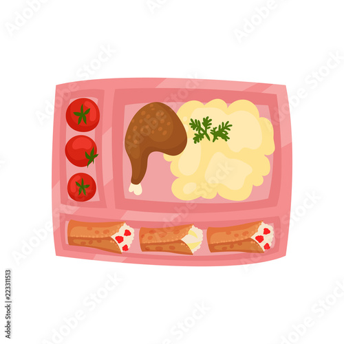 Pink Lunch Box With Fresh Tomatoes Mashed Potatoes With Chicken