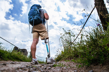 Wall Mural - Rear view of a young sporty man with prosthesis standing on the path