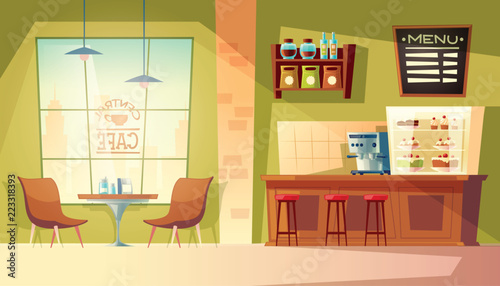 Vector Cartoon Cafe With Window Cozy Interior With Coffee Machine Table Wooden Furniture For Cafeteria Interior Chair And Blackboard For Memu Background With Fridge Bakery Pastry Cake Stock Vector Adobe Stock Vector Cartoon Cafe With Window Cozy Interior With Coffee Machine Table Wooden Furniture For Cafeteria Interior Chair And Blackboard For Memu Background With Fridge Bakery Pastry Cake Stock Vector Adobe Stock