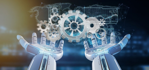 Poster - Cyborg hand holding a  gear wheel interface 3d rendering