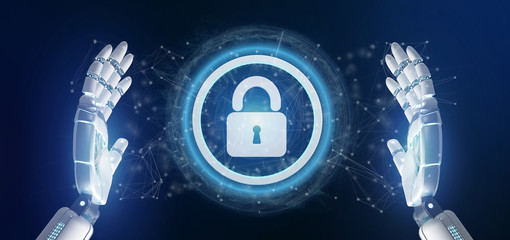 Poster - Cyborg hand holding a Technology security icon on a circle 3d rendering