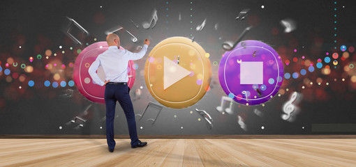 Aufkleber - Man holding a Music button and notes playing  3d rendering