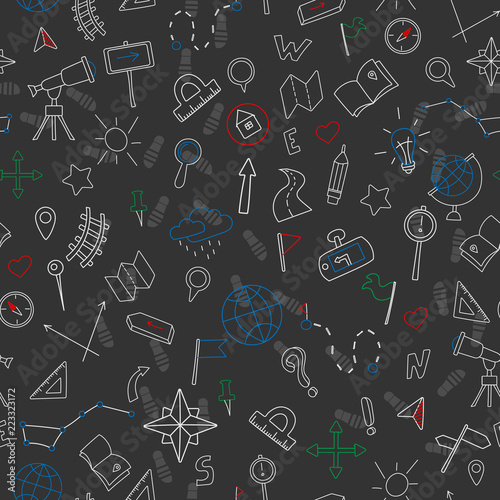 Fotografia Seamless pattern with hand drawn signs on the theme of geography and travel, col
