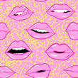 Beauty, makeup, cosmetic fashion seamless pattern. Vector red pink color doodle lips patches in pop art 80s-90s style. Woman's sexy emotions mouth.