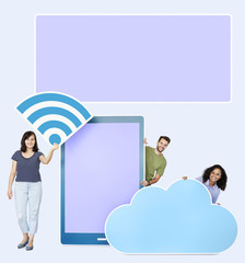 Wall Mural - People holding wifi, mobile and cloud cardboard cutouts