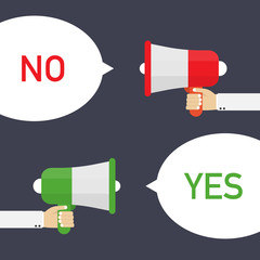 Poster - Male hand holding megaphone with Yes and No speech bubble. Vector illustration. 