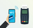 Payment by credit card using POS terminal and smartphone, approved payment. Vector illustration.