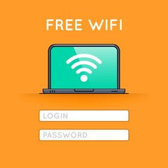 Free wifi access on laptop thin line icon. Wireless network connection outline pictogram. Web page with login and password form. Wifi zone symbol. Internet browser interface vector illustration