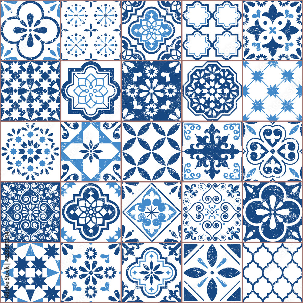 Vector Azulejo tile pattern, Portuguese or Spanish retro old tiles mosaic, Mediterranean seamless navy blue design - obrazy, fototapety, plakaty 