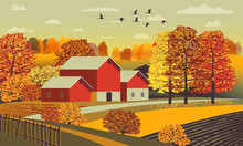 Rural Autumn Landscape With Farm, Fields And Trees In The Background