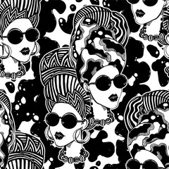 Seamless pattern of a woman in turban, head wrap.