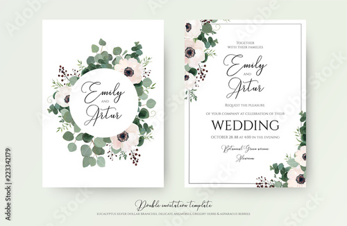 Wedding Invitation, floral invite modern card Design: light pink anemone flow...